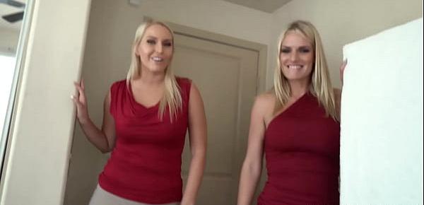  Blonde stepmom and her sis goes down on stepsons cock